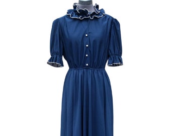 Vintage 70s navy blue with white trim ruffled collar dress