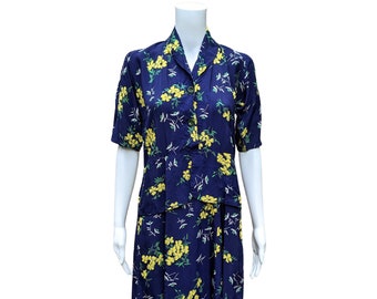 Vintage 1940's navy with yellow floral pattern rayon dress, repaired wounded bird