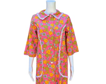 Vintage deadstock 60s bata de bata de algodón floral rosa