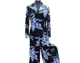 Vintage 70s polyester black and white floral print jumpsuit
