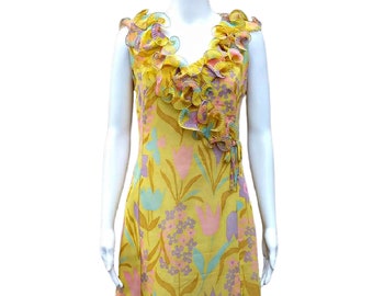 Vintage 60s yellow, purple, pink and teal floral dress with ruffled collar
