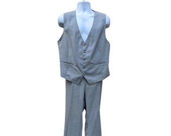 Vintage 70s pale blue gray vest with matching flare pants, bellbottom pants