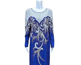 Vintage 80s or 90s blue and white full length long sleeve fully beaded on 100% silk dress
