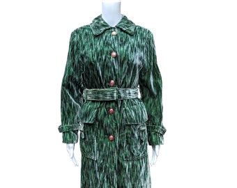 Vintage 1960's green and black cotton velvet belted trench coat with pockets