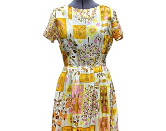 Vintage 50s or 60s yellow and pink bird  dupioni silk  novelty print dress