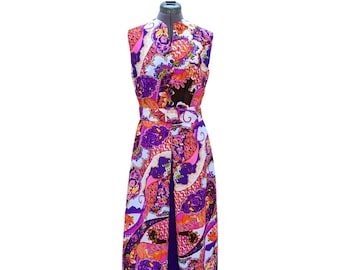 Vintage 60s or early 70s purple, brown, orange and white floral and graphic print maxidress with matching belt