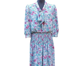 Vintage 80s pale gray, teal and pink floral dress