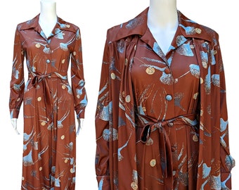 Vintage 70s polyester photoprint copper brown floral 3 piece jumpsuit with matching belt and vest