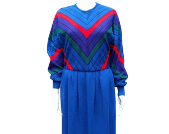 Vintage 80s blue, green and red striped fully lined wool dress