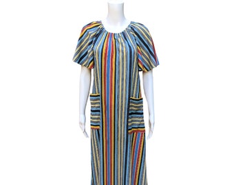 Vintage 1970s red, blue and yellow on white striped terry towel maxi dress, beach dress