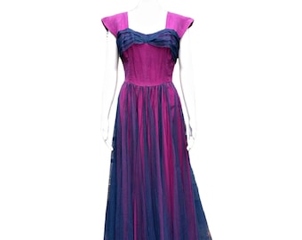 Vintage 40s or 50s magenta pink and navy blue tulle full length dress