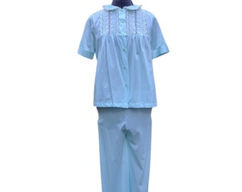 Vintage pale blue embroidered nylon and lace pajama set