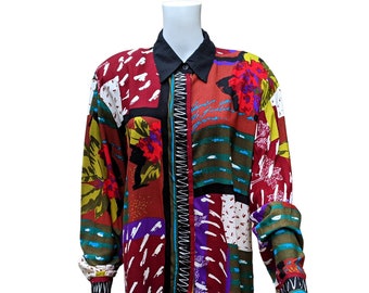 Vintage 1990 rainbow color abstract pattern on maroon and black blouse