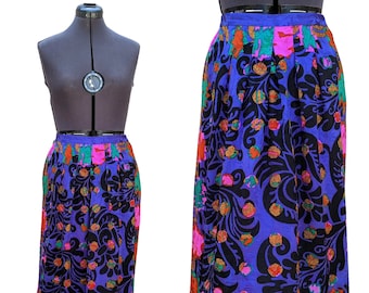 Vintage 80s or 90s 100% silk purple, black and multicolor long flowy skirt