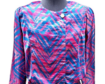 Vintage 80s pink and blue abstract design 100% georgette polyester blouse