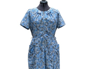 Vintage 40s or 50s gray and blue floral zipper front cotton dress