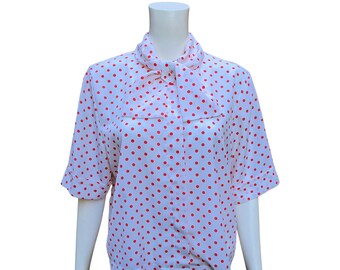 Vintage 80s oversized style white with watermelon red polka dots blouse