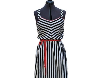 Vintage 80s black and white striped with red piping and belt cotton blend sundress