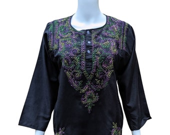 Vintage black cotton hand embroidered blouse