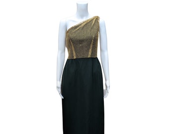 Abito da sera monospalla vintage anni '50 nero con rete dorata