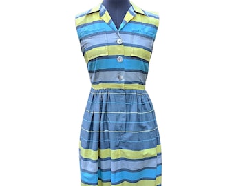 Vintage 50s blue, yellow and gray striped sleeveless 100% cotton button down dress