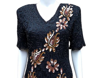 Vintage 80s black and copper silk bead and sequin blouse