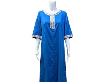 Vintage 1960s blue dupioni silk kaftan dress with silver sequin detail