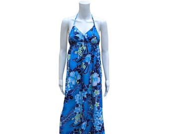 Vintage 1970s blue halter neck Hawaiian maxi dress