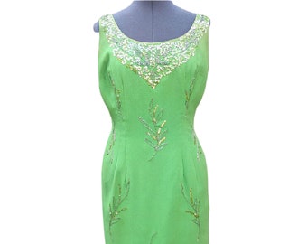 Vintage 60s apple green silk chiffon dress with beading and sequin