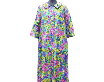 Vintage 60s or 70s pink, yellow, green and purple on blue flowered 100% nylon polyester dressing gown robe by SEARS