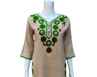 Vintage 60's hippie style loose weave linen tunic with hand embroidered detail