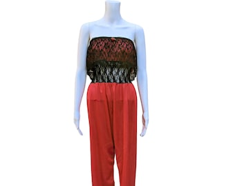 Vintage 1980s black lace and red nylon strapless jumpsuit, lingerie pantsuit