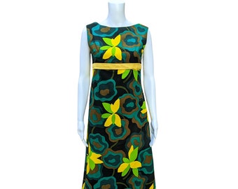 Vintage 60s empire waist hostess dress, yellow, teal green, brown and black tropical vibe sleeveless sundress