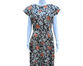 Vintage 80's or 90's silver green and copper orange floral keyhole back dress, 40s style