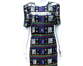 Vintage 80s silk black, silver and colorful fully sequin and bead cocktail dress