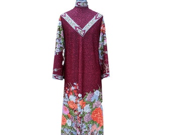 Vintage 60s maroon floral long sleeve kaftan dress