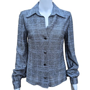 Vintage 70s or 80s silver plaid metallic large collar blouse, disco blouse