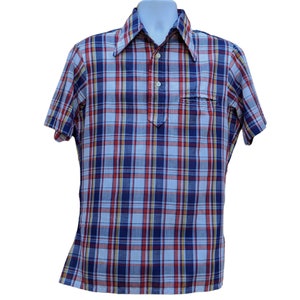 Vintage 60s or 70s blue, yellow, red and white plaid polo shirt