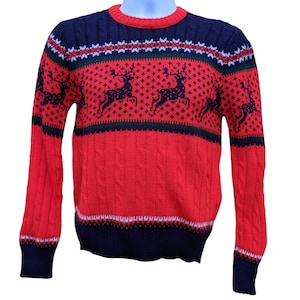 Maglione in maglia acrilica con design classico invernale a forma di cervo invernale blu scuro e rosso vintage anni '70