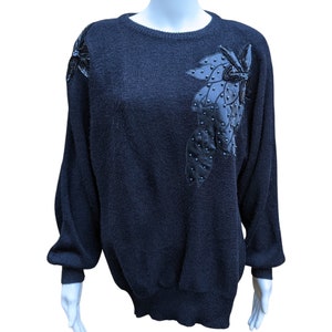 Vintage 80er Jahre Acryl Pullover mit schwarzer Applikation und Perlen