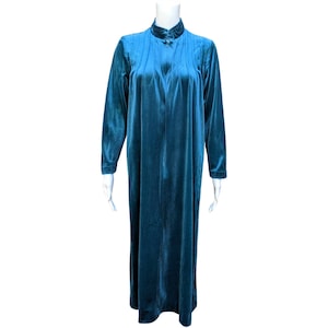 Vintage 1980s teal blue velour robe housecoat with zipper