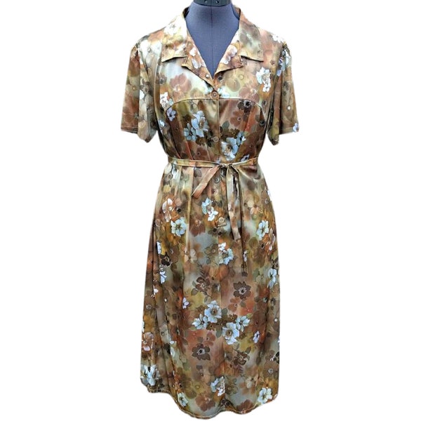 Vintage 70er Jahre Blusen Kleid in kupferbraun mit Blumen Print