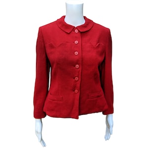 Vintage rood wollen damescolbert uit de jaren 40 of 50, gevoerd met crêpe met 4 zakken