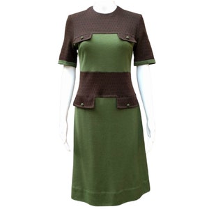 Vintage 1940's knit brown and olive green faux pocket wool fitted dress