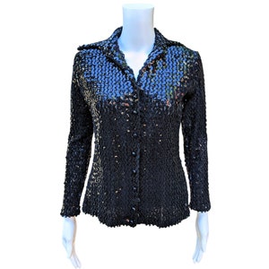 Vintage 70s black sequin disco blouse with long collar