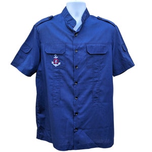 Vintage 70s or 80s blue nautical shirt with belt loops, pockets on the sleeves and a nehru style collar