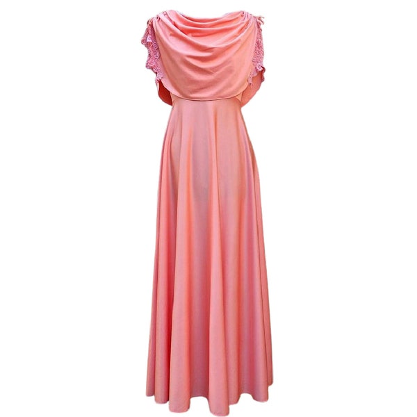 Vintage 70s peach maxi style cowl top polyester dress, 70s bridesmaid dress