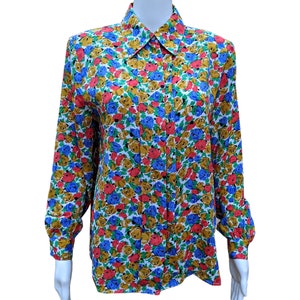 Vintage 80s blue, red and ochre yellow floral blouse