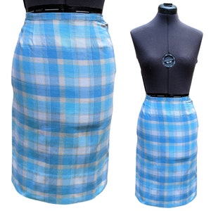 Vintage 50s or 60s blue and white cotton plaid pencil skirt