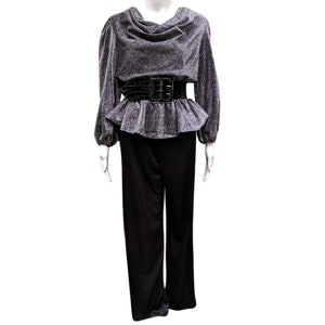 Vintage 70s silver and black peplum polyester and lamé jumpsuit image 1